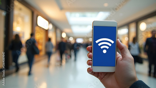Wallpaper Mural Hand Holding Smartphone with Free Wi-Fi Icon in Shopping Mall: Enhancing Connectivity & Customer Experience Torontodigital.ca
