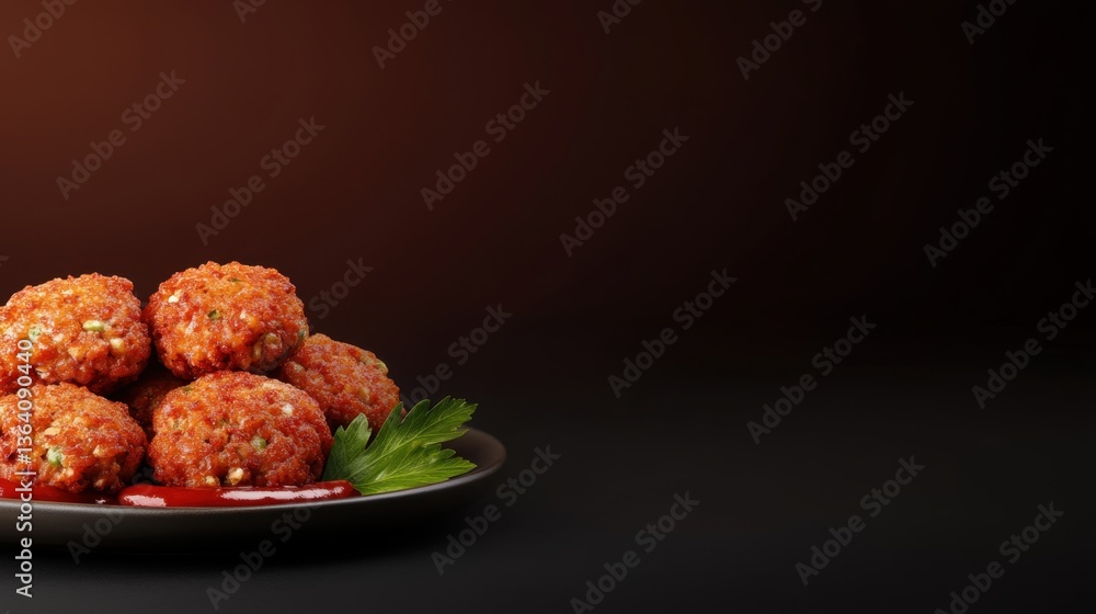 Plate of meatballs deliciously prepared with sauce and garnish, perfect for italian cuisine lovers and culinary enthusiasts Plate of meatballs deliciously prepared with sauce and garnish, perfect for italian cuisine lovers and culinary enthusiasts