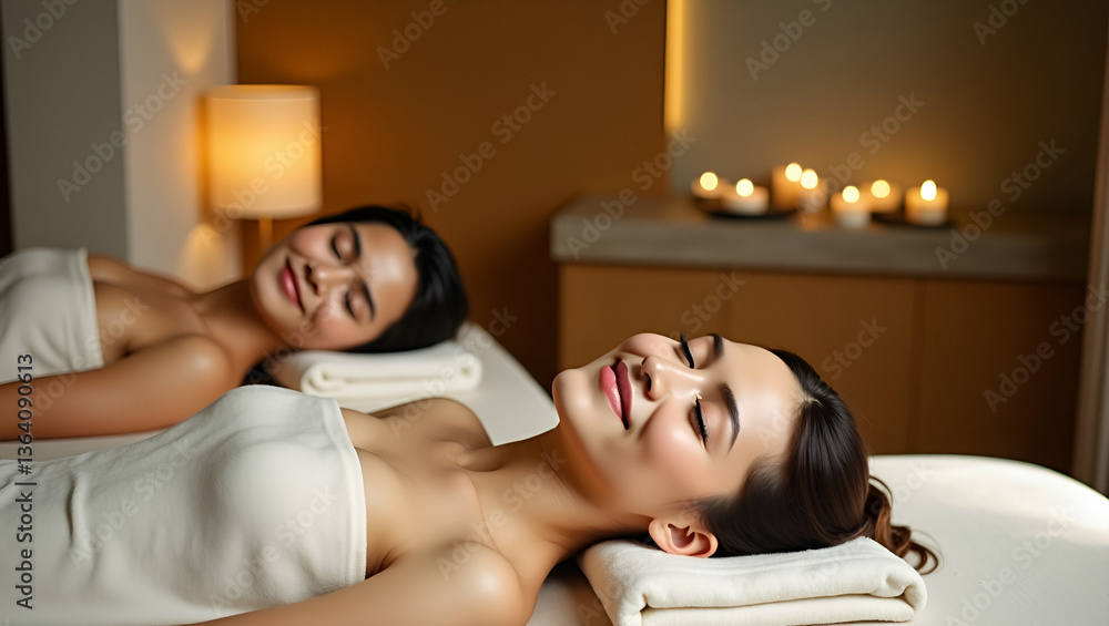 Obraz premium Young couple lying down on massage beds at Asian luxury spa relaxing and promoting health and wellness concept as Young couple lying on massage beds at an Asian luxury spa promoting relaxation and wel