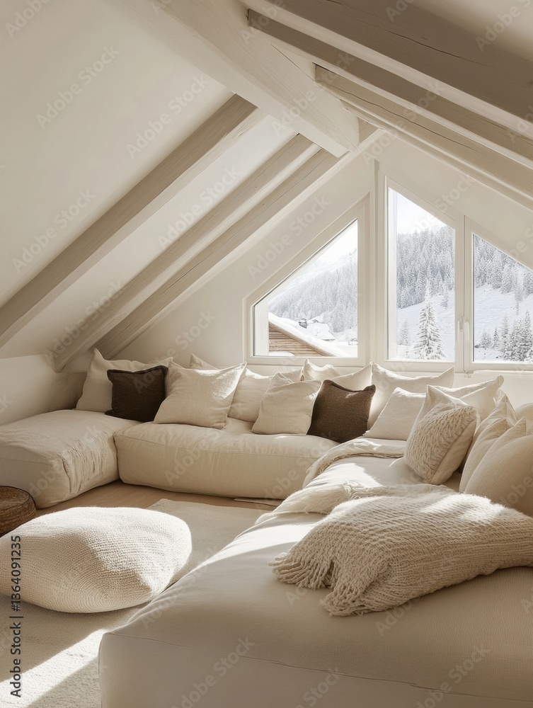 Fototapeta premium Scandinavian minimalist living room with cozy beige furniture, wooden floors, and warm lighting in a serene winter setting