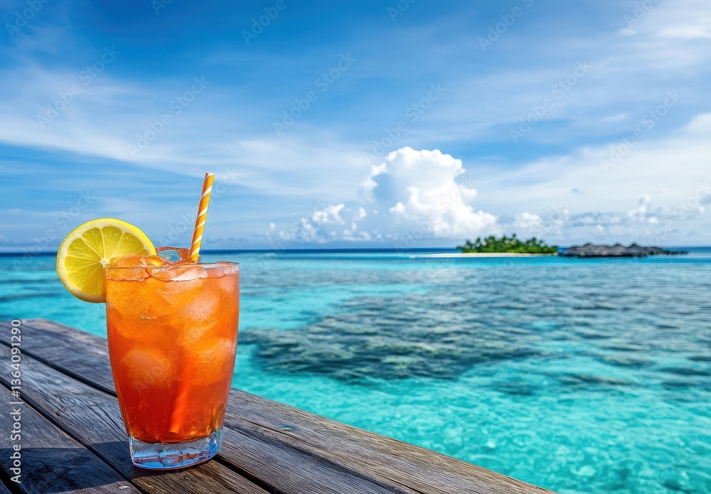 Obraz premium Refreshing Summer Beverage with Citrus Garnish Against a Tropical Ocean Landscape and Blue Sky