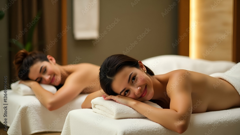 Obraz premium Young Couple Relaxing on Massage Beds at Asian Luxury Spa - Promoting Health and Wellness