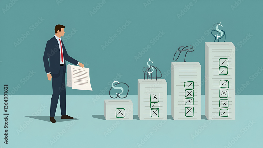 Obraz premium Flat Businessman Reviewing Document Steps with Checkboxes: Ensuring Compliance with Regulations, Policies, Rules, Terms, and Corporate Governance in a Cute Vector Illustration