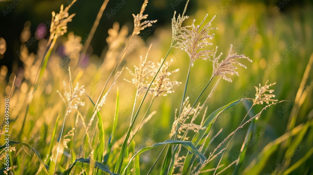 Tall Grass at Sunset Glowing with Golden Light in Meadow Tall Grass at Sunset Glowing with Golden Light in Meadow
