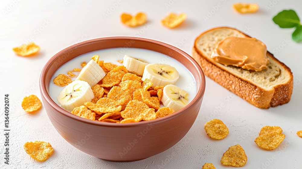 A bowl of cereal with banana slices, accompanied by a slice of bread topped with peanut butter, creates a nutritious breakfast scene. A bowl of cereal with banana slices, accompanied by a slice of bread topped with peanut butter, creates a nutritious breakfast scene.