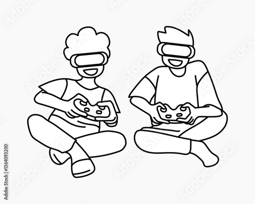 Boys playing VR games doodle collage element vector