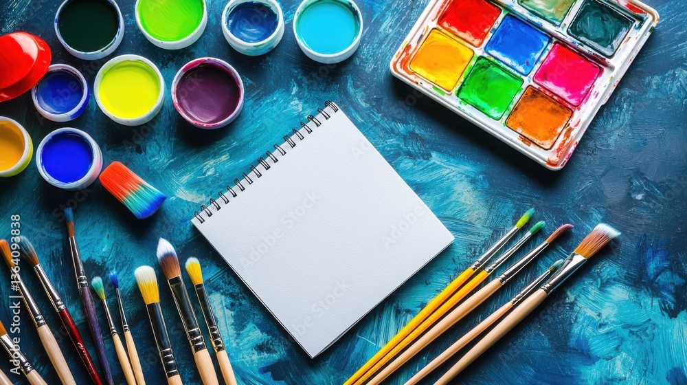 Naklejka premium A vibrant art setup featuring paint pots, brushes, and a blank sketchbook on a textured blue background, inviting creativity and artistic expression.