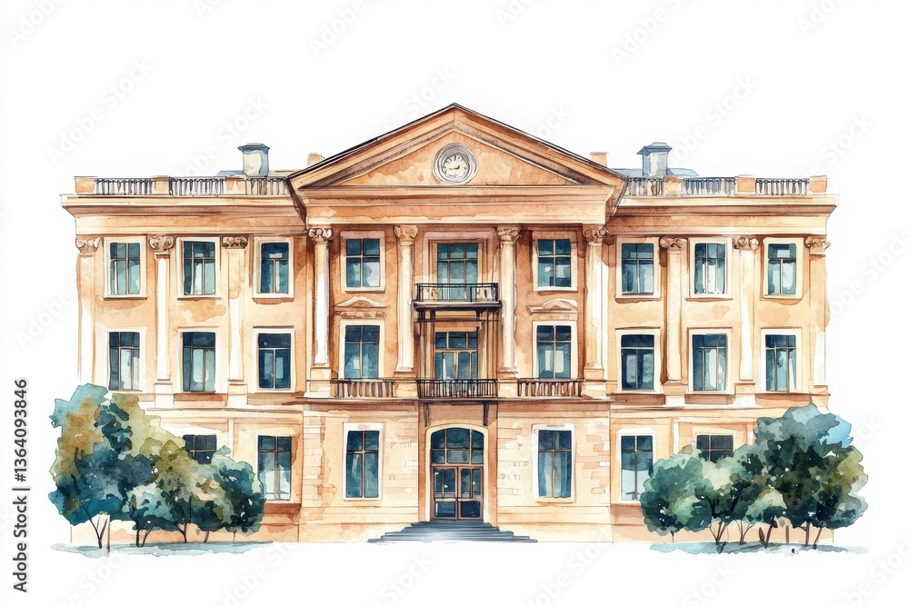 Fototapeta premium A beautifully illustrated architectural rendering of an elegant, classical building with lush greenery surrounding it.