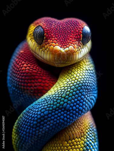 A colorful snake coiled in a captivating portrait against black background