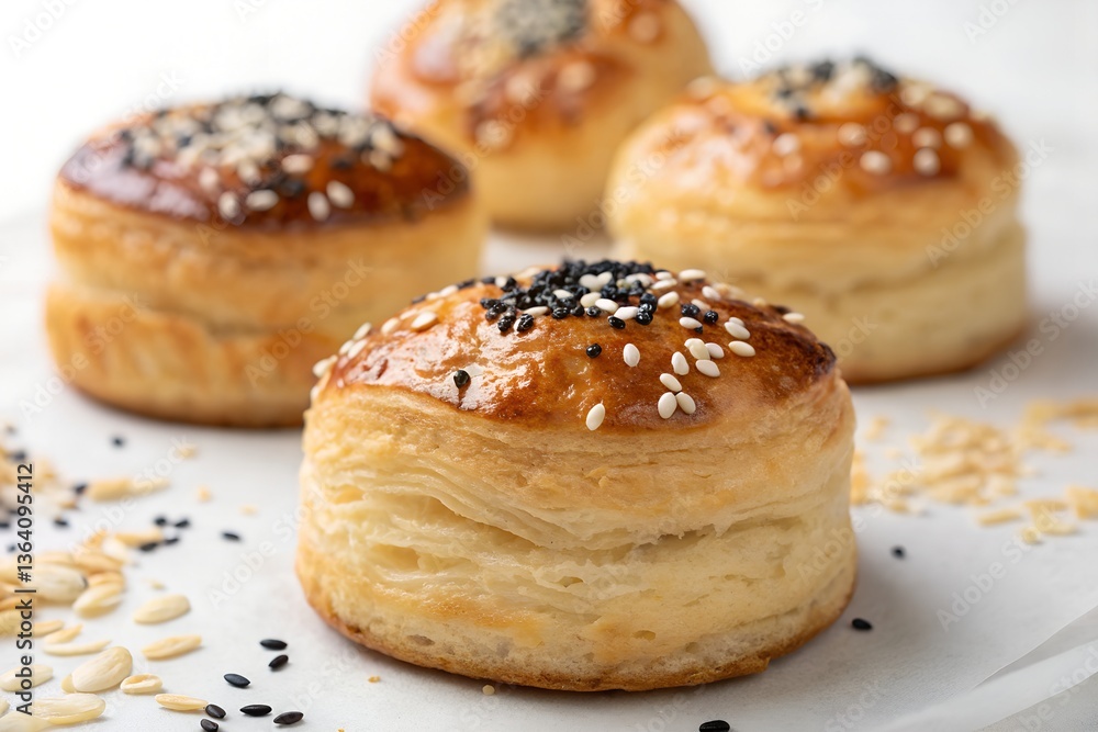 Golden Puff Pastry Buns with Sesame and Poppy Seeds Delicious Bakery Treat Golden Puff Pastry Buns with Sesame and Poppy Seeds Delicious Bakery Treat