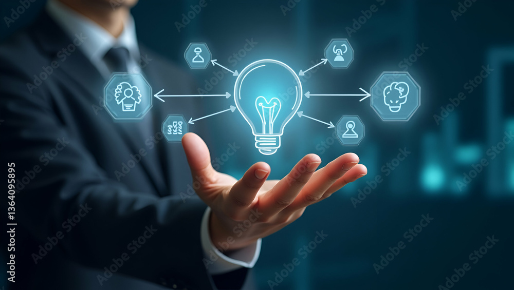 Hand Engaging with Holographic Skills Interface: Showcasing Learning, Growth, Teamwork, and Innovation Icons in Empty Space - Stock Photo Concept for Future-Ready Collaboration Hand Engaging with Holographic Skills Interface: Showcasing Learning, Growth, Teamwork, and Innovation Icons in Empty Space - Stock Photo Concept for Future-Ready Collaboration