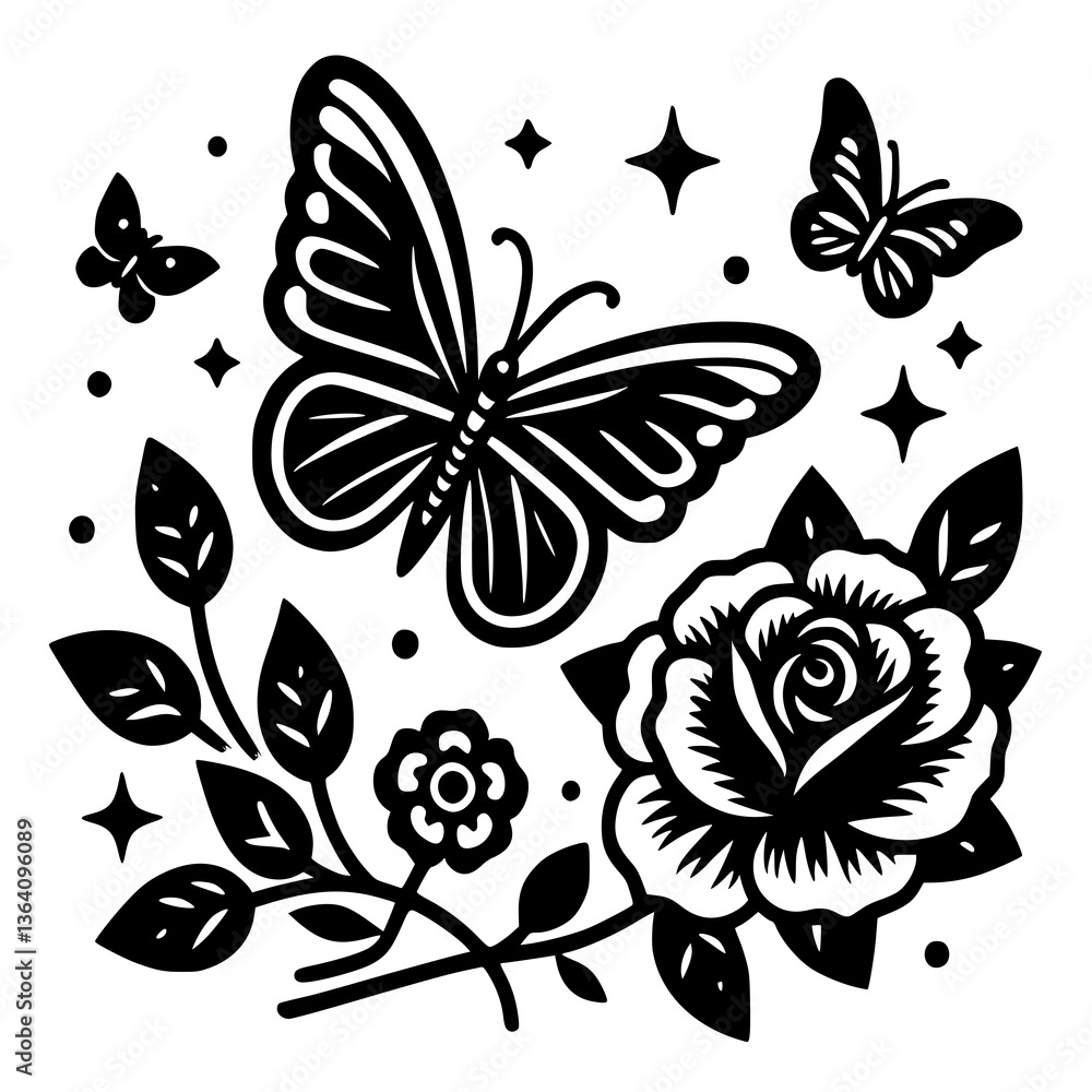 Immerse yourself in the enchanting fusion of delicate roses and graceful butterflies with our exclusive design collection! Perfect for branding, digital art, prints, and personal projects. Immerse yourself in the enchanting fusion of delicate roses and graceful butterflies with our exclusive design collection! Perfect for branding, digital art, prints, and personal projects.