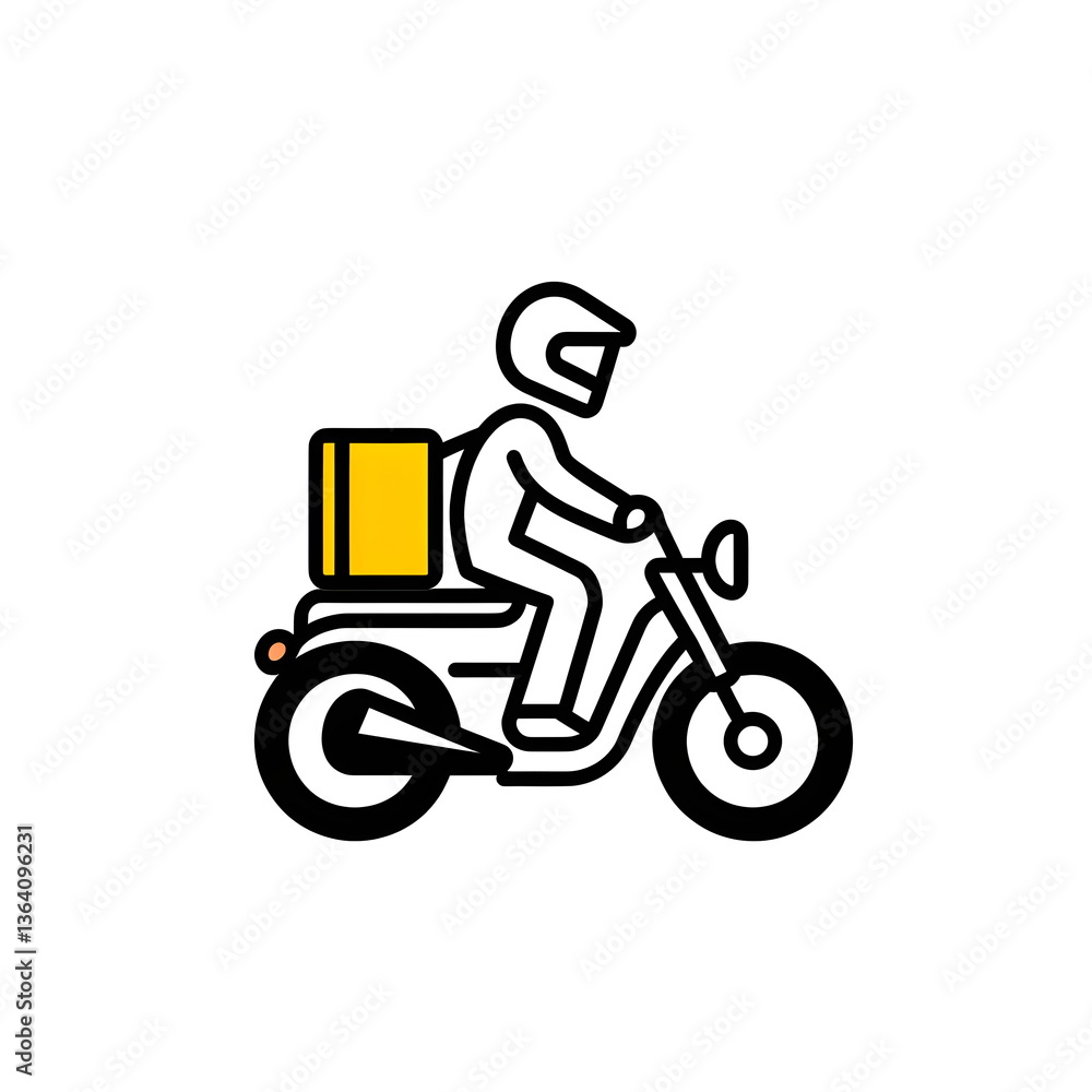 Fototapeta premium A minimalist black-and-white logo of a courier riding a motorcycle with a backpack. Simple line drawing with pastel tones, depicting a helmeted delivery rider on a motorbike. Modern, clean design 