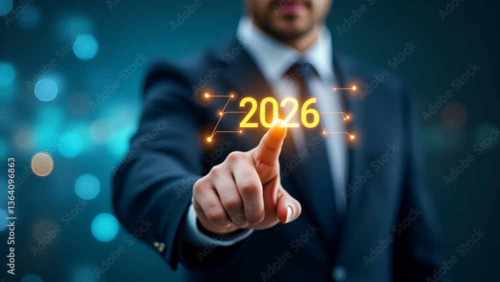 Obraz premium Happy New Year 2026: Businessman Setting New Goals and Strategies for Future Growth