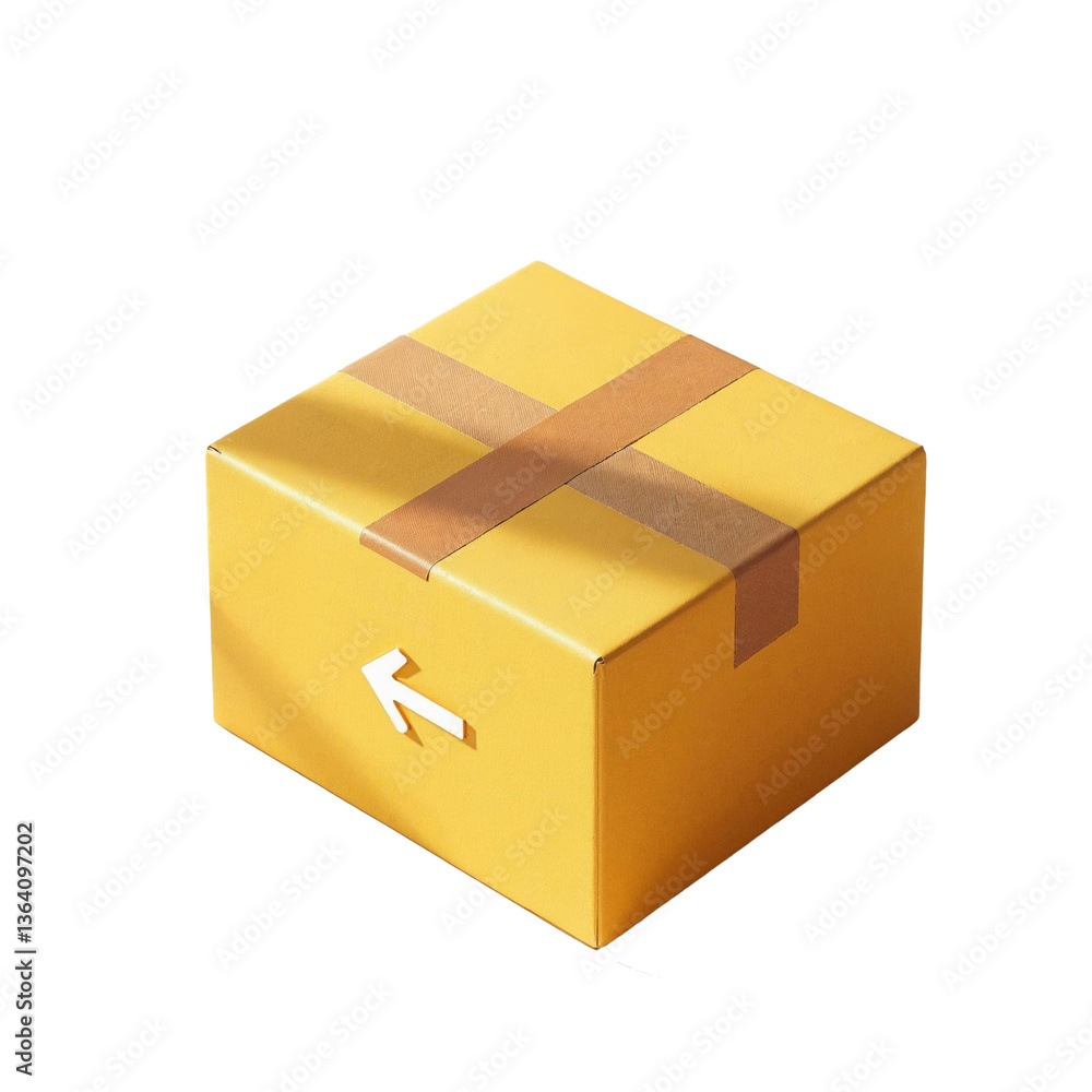 Obraz premium A cheerful yellow package awaiting its journey, secured with warm-toned tape and a subtle return arrow, bathed in soft sunlight.