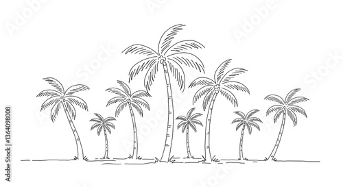 Black and white line art illustration of a tropical scene featuring palm trees with detailed fronds.