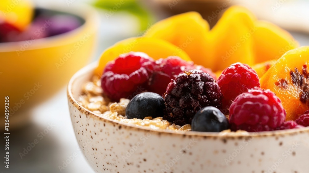 A bowl filled with oatmeal topped with fresh berries and sliced peaches is beautifully arranged on a table in morning light