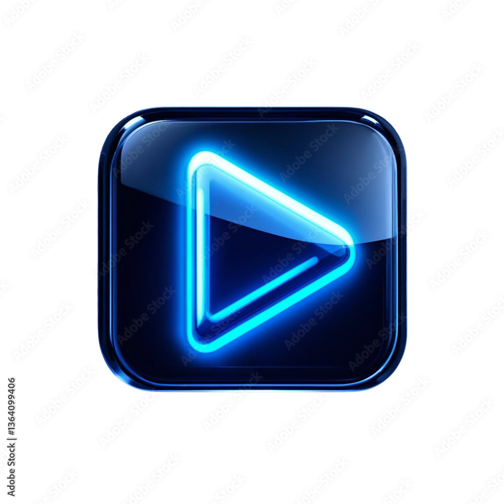 A vibrant blue neon play button pulsates with energy, inviting viewers on a captivating digital journey within a sleek, glossy square frame. A vibrant blue neon play button pulsates with energy, inviting viewers on a captivating digital journey within a sleek, glossy square frame.