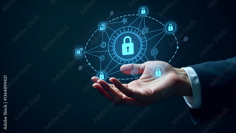 Obraz premium Hand interacting with holographic VPN server interface displaying network security encryption internet privacy icons symbolizing secure VPN connection in empty space concept as Hand interacts with hol