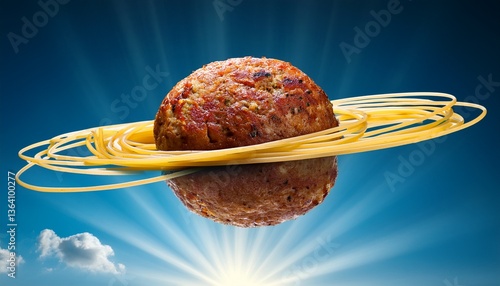 Celestial Pasta Planet: A quirky image featuring a giant meatball encircled by spaghetti, resembling a planet in a vast blue expanse, reflecting the food as an abstract concept and creative concept