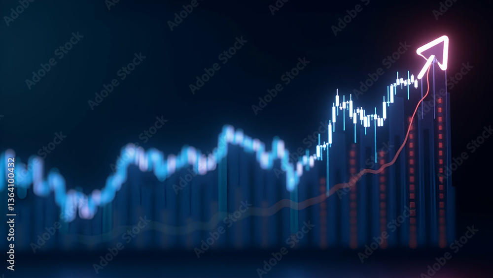 Financial Graph with Uptrend Candlestick Chart on Neon Widescreen Background - Stock Market Trends Financial Graph with Uptrend Candlestick Chart on Neon Widescreen Background - Stock Market Trends