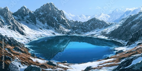 High-angle capture of a pristine alpine lake nestled among snowy peaks 