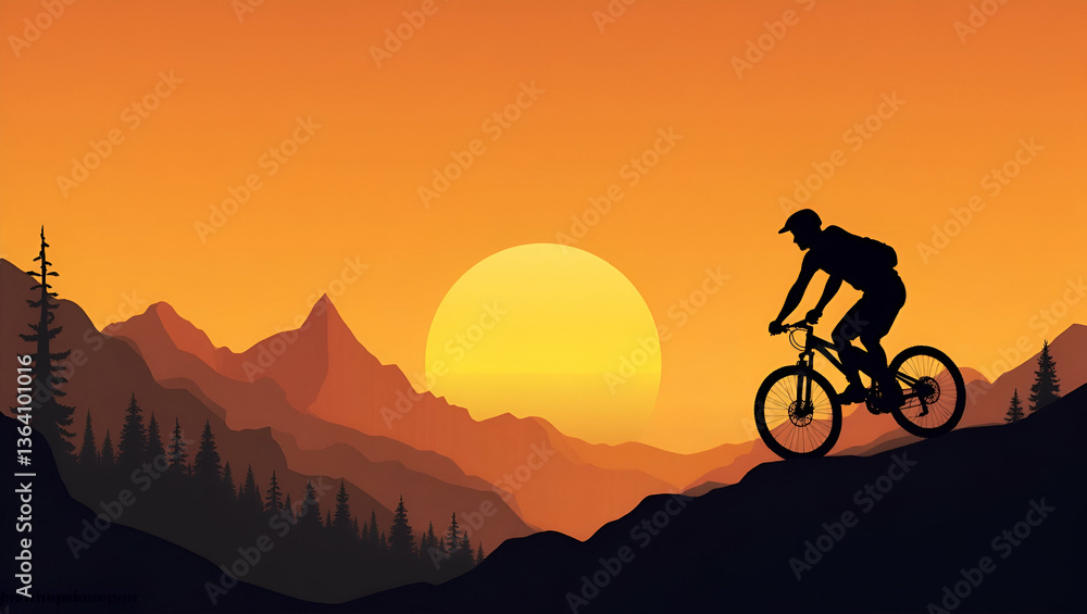 Obraz premium Flat Silhouette of Mountain Biker Riding on Rocks at Sunset: A Cute Vector Illustration Celebrating Adventure Outdoor Sports and Nature's Beauty During Golden Hour