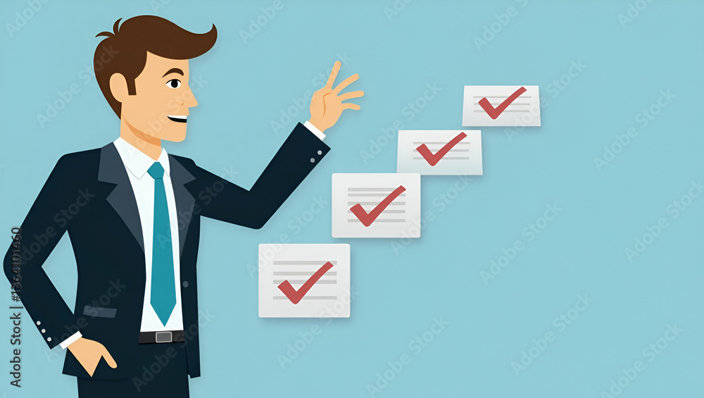Flat businessman checking steps document list checkboxes regulation practices policies Terms conditions Examination ethical rules Evaluate quality efficiency concept as Businessman reviewing steps in Flat businessman checking steps document list checkboxes regulation practices policies Terms conditions Examination ethical rules Evaluate quality efficiency concept as Businessman reviewing steps in
