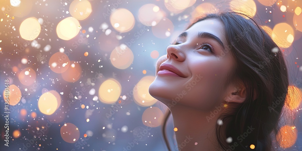 Young woman gazing upwards with a joyful expression amidst a dreamy bokeh background filled with sparkling lights and soft colors in a serene atmosphere Young woman gazing upwards with a joyful expression amidst a dreamy bokeh background filled with sparkling lights and soft colors in a serene atmosphere