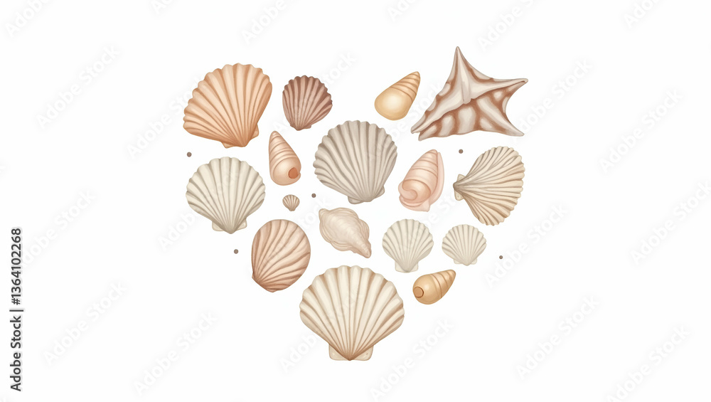 Fototapeta premium Charming Flat Seashells in Heart Shape - Hand-Drawn Watercolor Clipart for Nursery Art & Decorations | Cute Vector Illustration for Smart Business Use