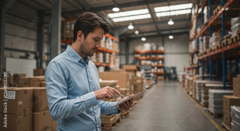 Fototapeta premium Man using tablet in modern warehouse for inventory management and logistics efficiency