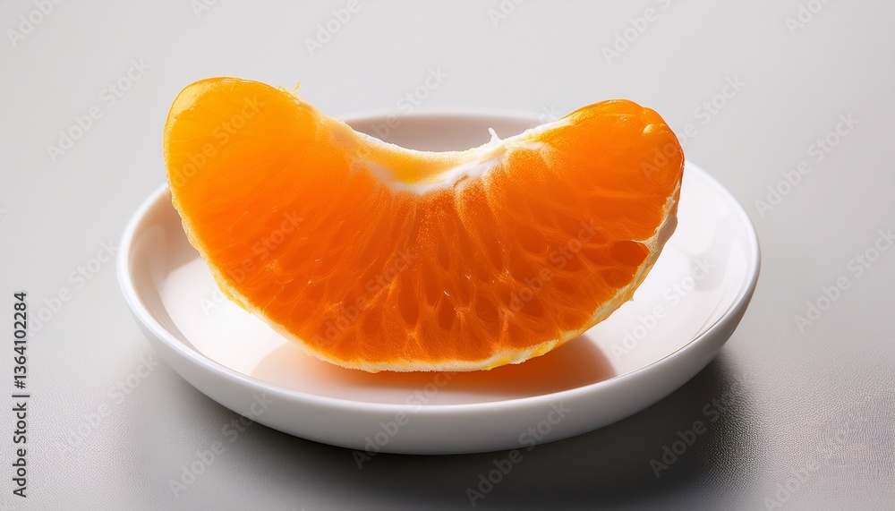 Citrus Delight: A vibrant slice of mandarin orange, with its segmented structure, sits gracefully upon a minimalist white plate, evoking a sense of freshness and the taste of sunshine. Citrus Delight: A vibrant slice of mandarin orange, with its segmented structure, sits gracefully upon a minimalist white plate, evoking a sense of freshness and the taste of sunshine.