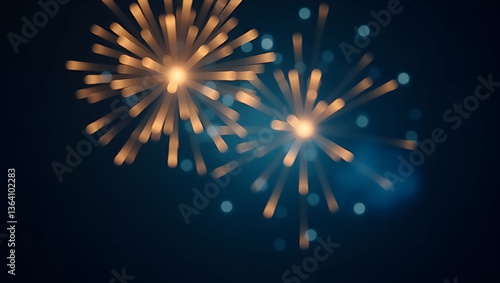 Glittering Gold and Dark Blue Fireworks with Bokeh Lights: Elegant New Year Eve Abstract Background for Holiday Celebrations - Perfect Photo Stock Concept with Space for Text