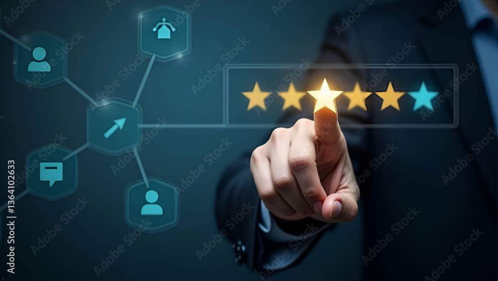 Flat Hand Selecting Five Star Rating on Holographic Interface for Customer Satisfaction Feedback Flat Hand Selecting Five Star Rating on Holographic Interface for Customer Satisfaction Feedback