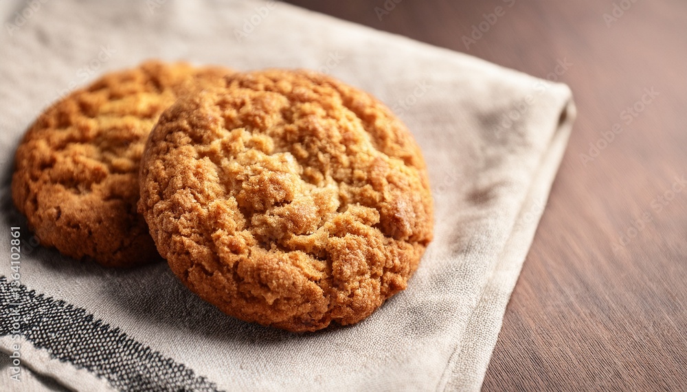 Sweet Cookie Delight: Delight in the simple pleasure of two golden-brown cookies, resting invitingly on a textured linen, promising a moment of sweet indulgence and pure enjoyment. Sweet Cookie Delight: Delight in the simple pleasure of two golden-brown cookies, resting invitingly on a textured linen, promising a moment of sweet indulgence and pure enjoyment.