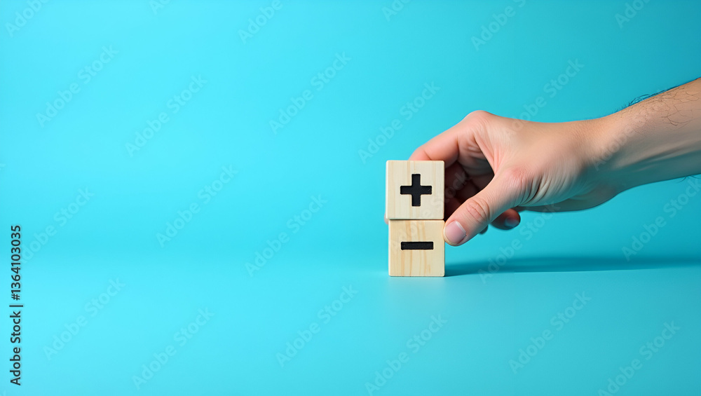 Fototapeta premium Strategic Decision Making in the Workplace: Balancing Pros and Cons with Flat Hand Choosing Wood Block Symbols on Blue Background - A Cute Vector Illustration