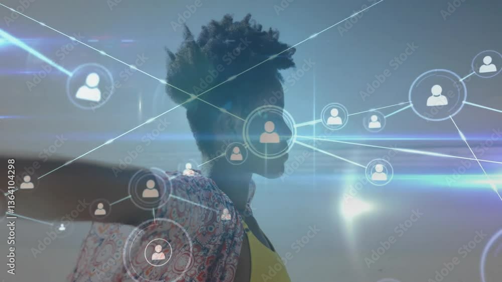 Digital network connections overlaying silhouetted person with animation effects Digital network connections overlaying silhouetted person with animation effects