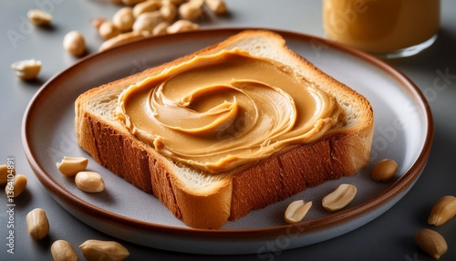 Peanut Butter Bliss: A single slice of toasted bread is generously adorned with swirls of creamy peanut butter, accompanied by scattered peanuts.