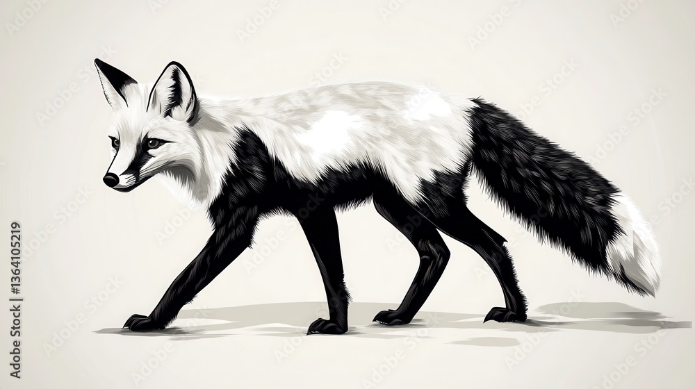 Fototapeta premium Walking Black White Fox Illustration.