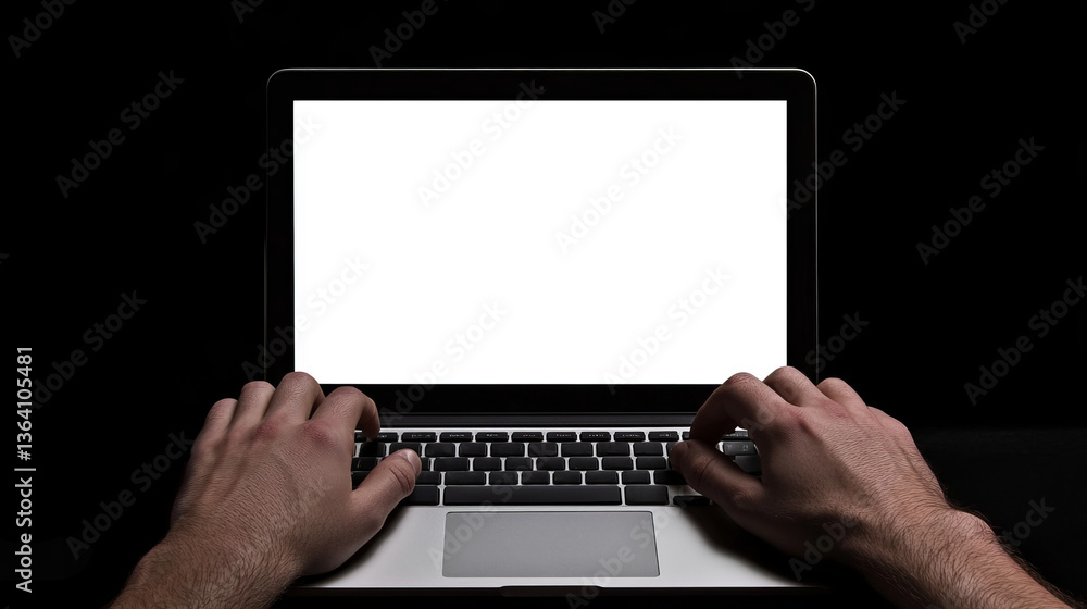 Male Hands Typing on Laptop with Blank Screen in Dim Environment Male Hands Typing on Laptop with Blank Screen in Dim Environment