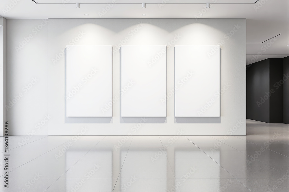 Three empty vertical canvases on a white wall in a modern gallery interior with bright lighting and glossy flooring, ideal for artwork or advertising presentation. Ai generative Three empty vertical canvases on a white wall in a modern gallery interior with bright lighting and glossy flooring, ideal for artwork or advertising presentation. Ai generative