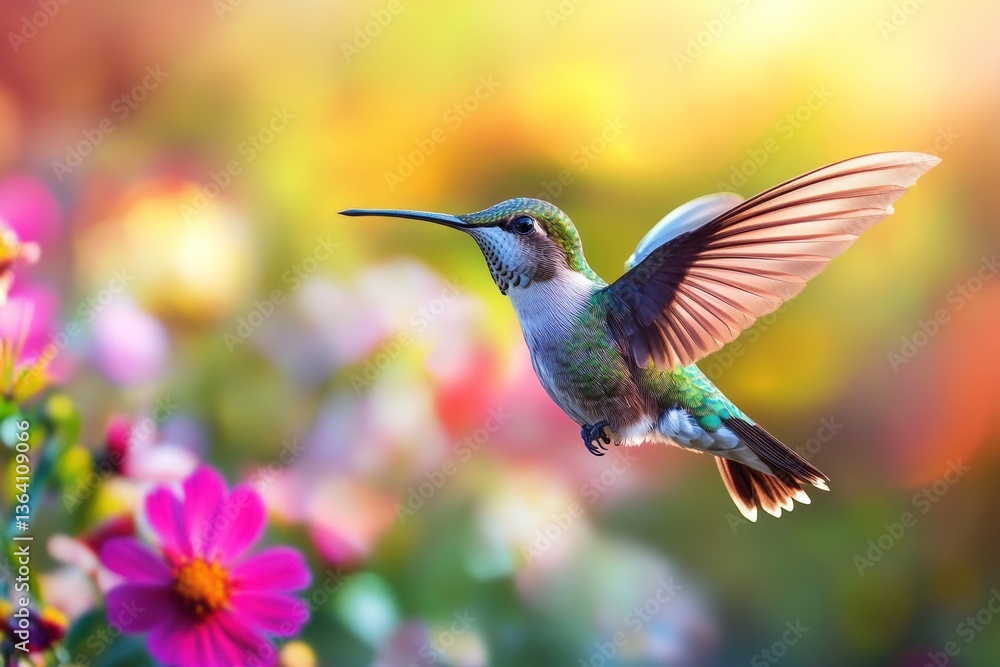 Fototapeta premium Colorful hummingbird in flight among vibrant flowers at sunrise