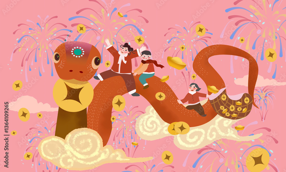 Naklejka premium Snake year & Children's Lunar New Year Celebration (Joyful Festival Style)