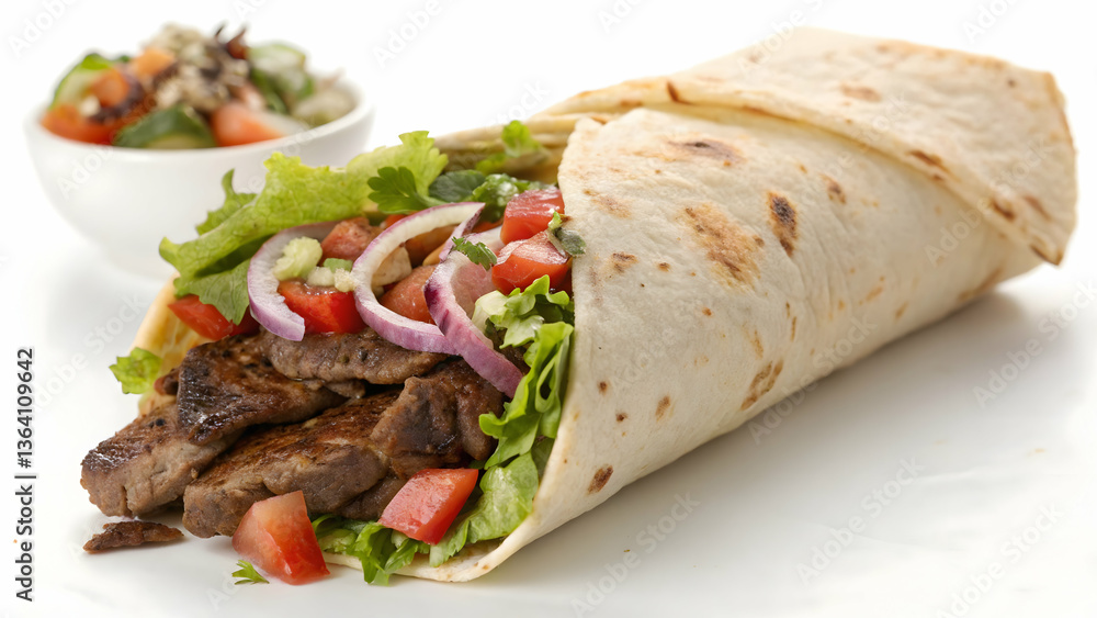 Delicious Beef Burrito Filled with Flavorful Ingredients, Kebab or shawarma on a white backdrop,Tasty Chicken Wrap Isolated for Culinary Presentation,Traditional Greek Gyro Wrapped in Pita Bread. Delicious Beef Burrito Filled with Flavorful Ingredients, Kebab or shawarma on a white backdrop,Tasty Chicken Wrap Isolated for Culinary Presentation,Traditional Greek Gyro Wrapped in Pita Bread.