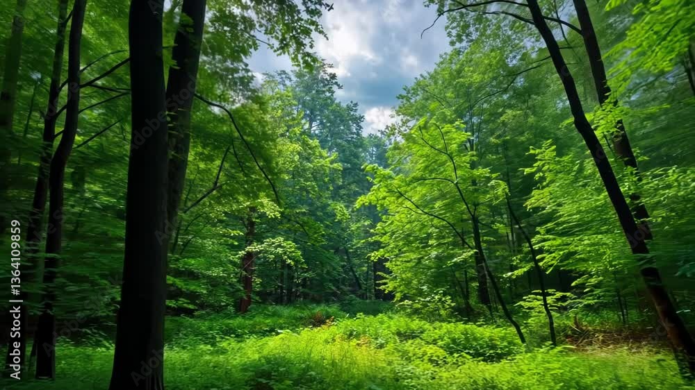 Lush green forest, sunlight dappling, summer day Lush green forest, sunlight dappling, summer day