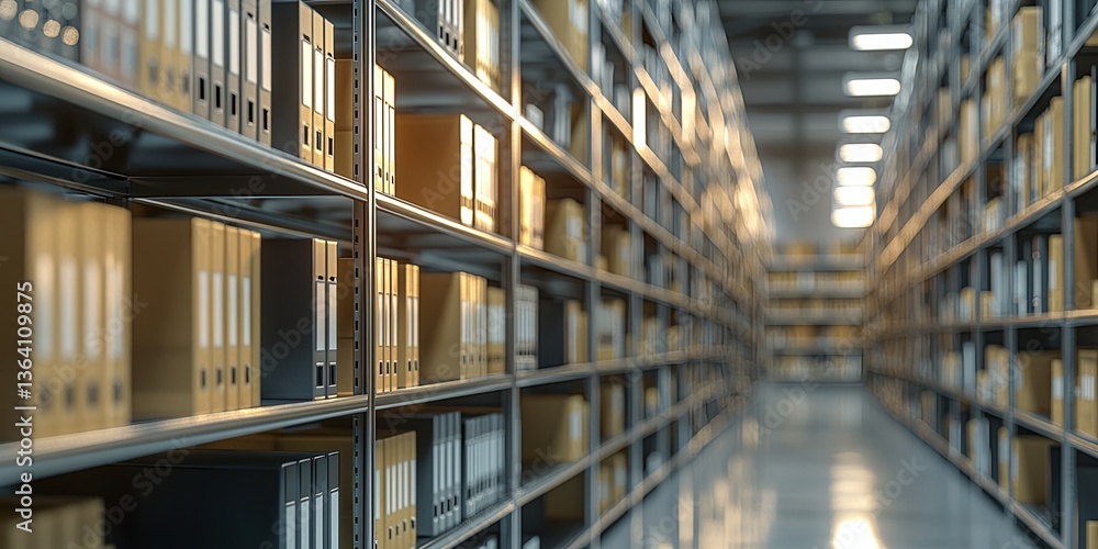 Fototapeta premium Organized Archive with Rows of Metal Shelves and Document Binders in a Modern Storage Facility Illuminated by Warm Light