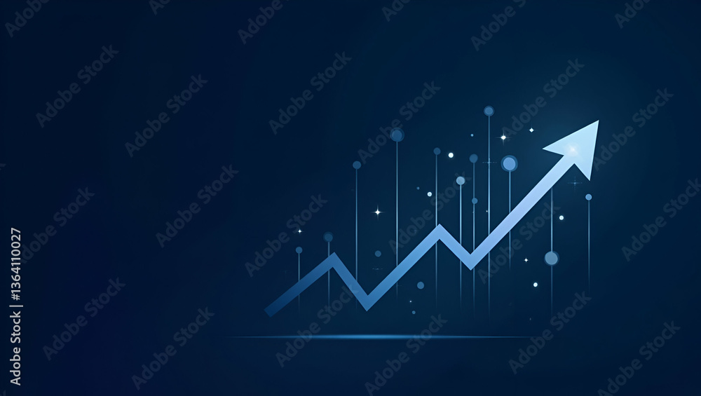 Flat Business Arrow Pointing Up: A Hi-Tech Illustration of Growth, Investment Success, and Financial Data Strategy on a Dark Blue Background - Perfect for Market Chart and Profit Visualization Flat Business Arrow Pointing Up: A Hi-Tech Illustration of Growth, Investment Success, and Financial Data Strategy on a Dark Blue Background - Perfect for Market Chart and Profit Visualization