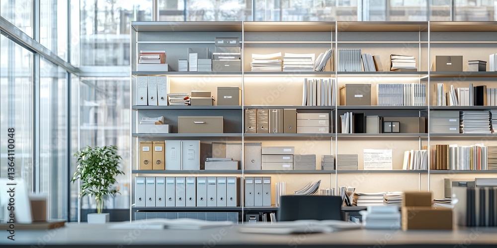 Modern office storage with organized shelves filled with documents, boxes, and files in a well-lit workspace for productivity enhancement and efficiency Modern office storage with organized shelves filled with documents, boxes, and files in a well-lit workspace for productivity enhancement and efficiency