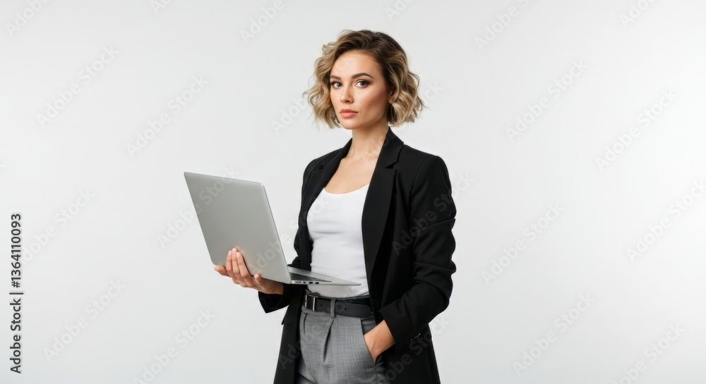Confident female professional holding laptop in modern business attire Confident female professional holding laptop in modern business attire