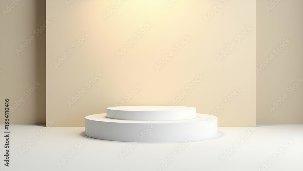 White cylindrical podium with two levels used for displaying products set against a beige wall background. concept as White cylindrical podium with two levels used for displaying products set against White cylindrical podium with two levels used for displaying products set against a beige wall background. concept as White cylindrical podium with two levels used for displaying products set against